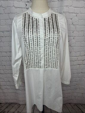 Paule Ka Paris White Beaded Embellished Tunic Blouse Cotton Size 44 US 12